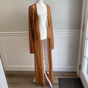 Woman Large Maxi Kimono Cardigan Duster Sheer Brown Rust Long Sleeve TALL 55"